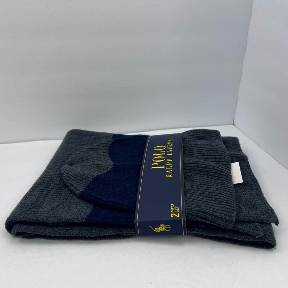 POLO RALPH LAUREN GREY AND NAVY BLUE BEANIE WITH MATCHING SCARF, UNISEX - Picture 3 of 14